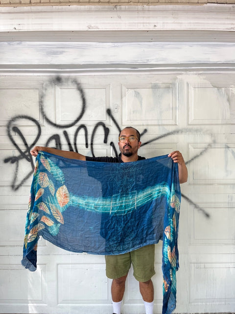 Vibrant Leaf Patterned Blue Scarf