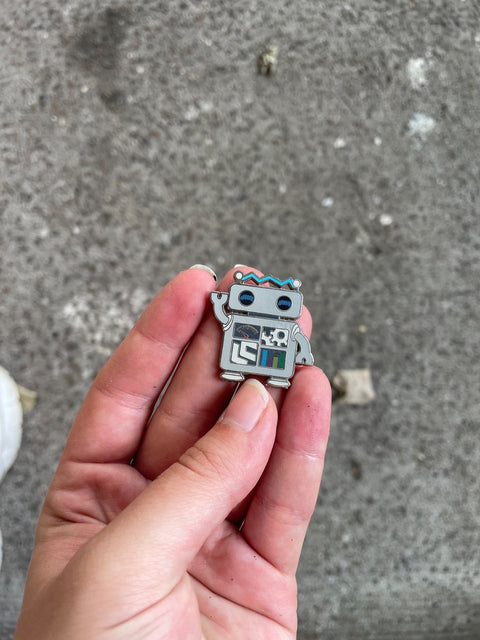 Waving Robot Enamel Pin, needs backing