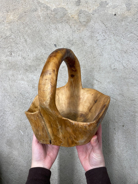 Wooden Carved Basket With Handle