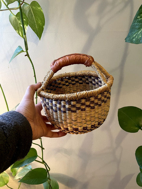 Woven Basket With Leather Handle