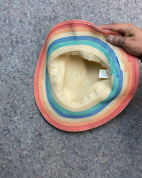Rainbow Striped Sun Hat with Pom-Poms