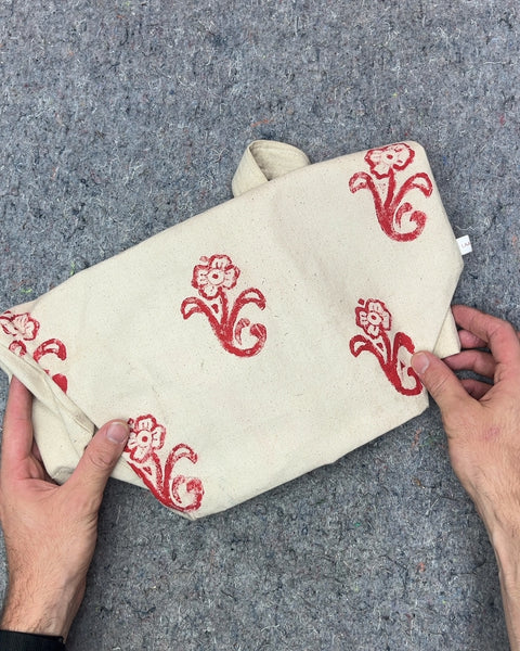 Canvas Tote Bag with Red Floral Print