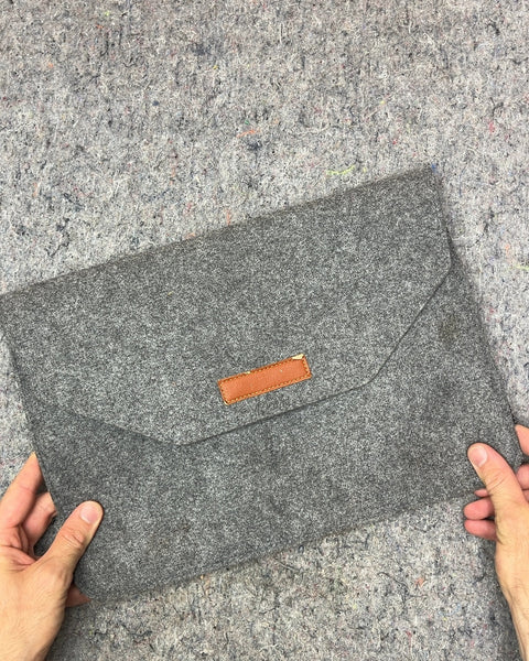 Gray Felt Laptop Sleeve with Brown Tab, 16"