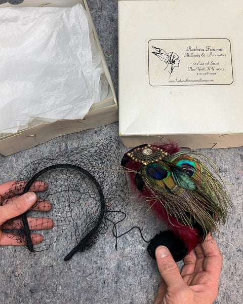Barbara Feinman Millinery Decorative Fascinator Hat Featuring Peacock Feathers & Netting