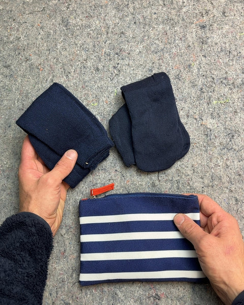Navy Blue and White Striped Pouch with Two Pairs of Plane Socks