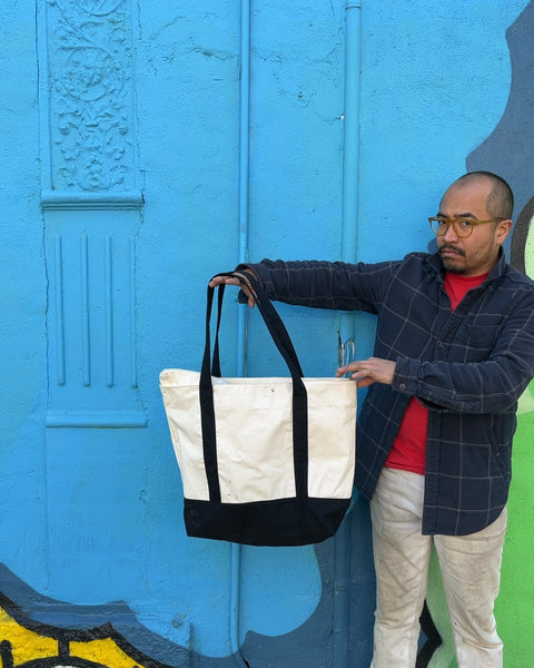 Large Cream Canvas Tote Bag with Black Straps