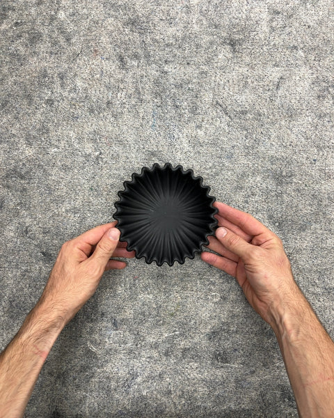 Sexy Black Ceramic Fluted Ruffled Trinket Dish, W6"