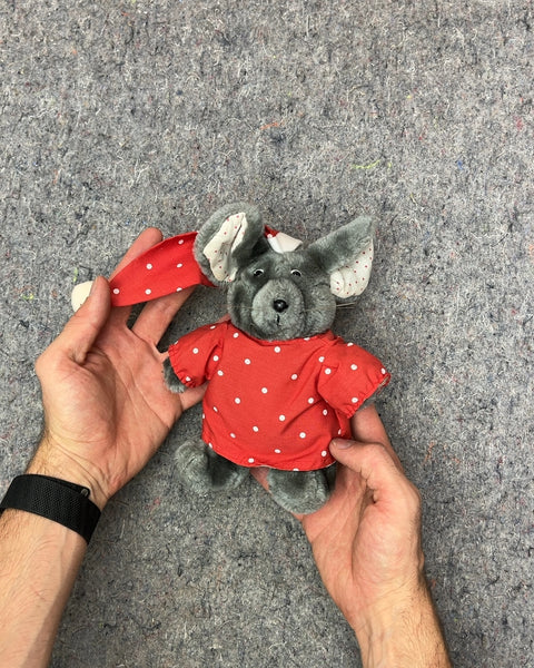 Vintage Gray Mouse Plush Toy with Red Polka Dot Outfit