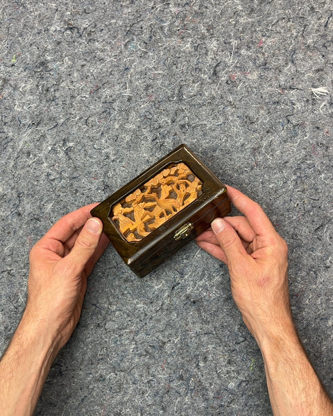 Carved Wood Trinket Box with Red Velvet Interior