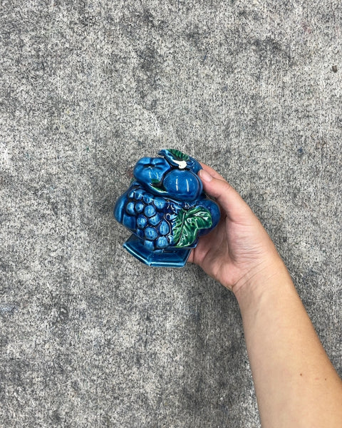 Blue Ceramic Grape Motif Lidded Jar With A Few Chips