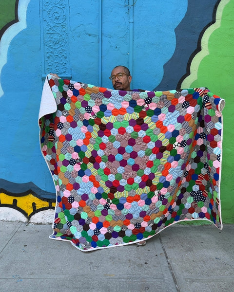 Very Pretty Handmade Hexagon Patchwork Quilt With One Stain In The Back, 60x90"