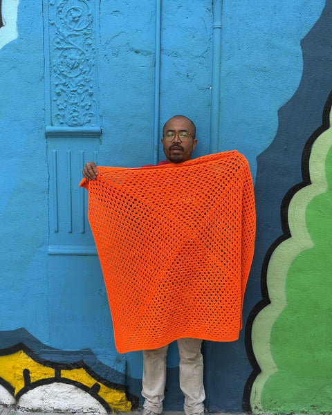 Neon Orange Crocheted Blanket, 40x40"