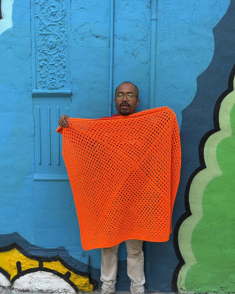 Neon Orange Crocheted Blanket, 40x40"