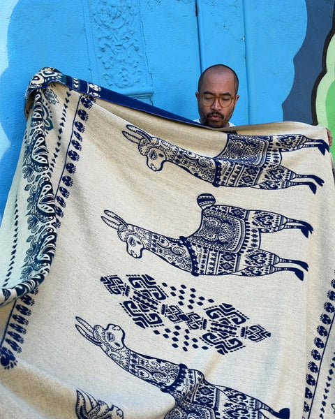 Blue Ecuadorian Alpaca Wool Blanket, 70x80"