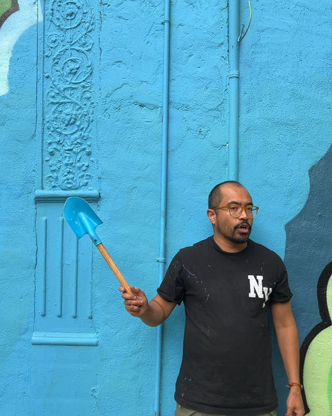 Blue Plastic Hand Shovel with Wood Handle
