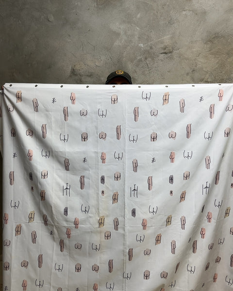 White Shower Curtain with Buttocks Pattern, One Stain You Should Be Able To Clean