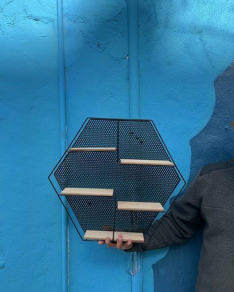 Hexagon Metal and Wood Shelf, W19"