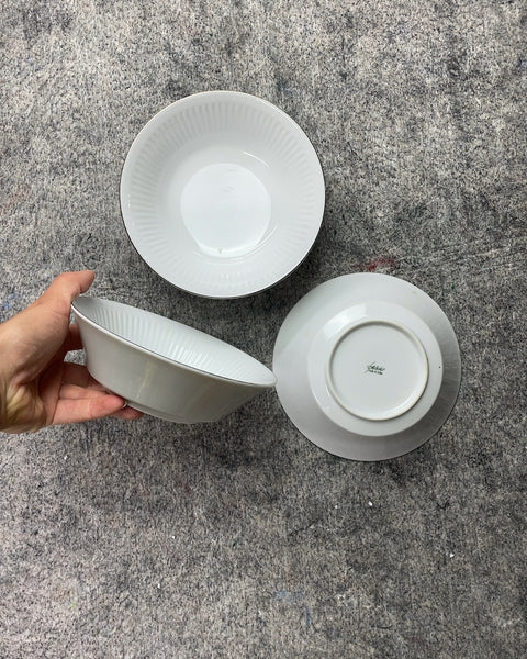 3 White Ribbed Bowls with Silver Rim