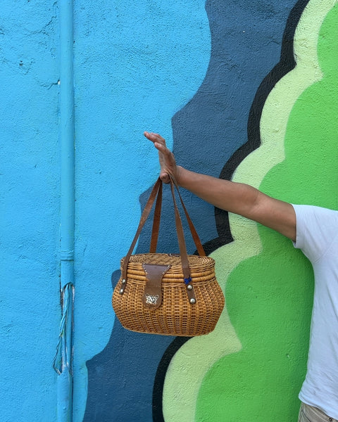 Woven Wicker Basket with Leather Straps