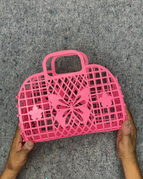 Pink Plastic Lattice Tote Bag with Butterfly