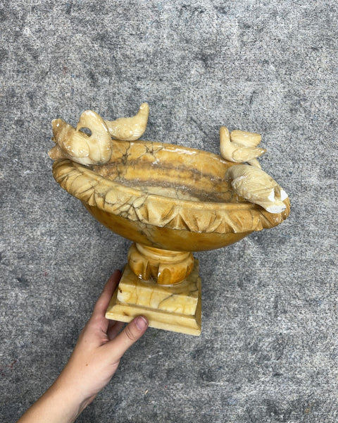 Carved Alabaster Pedestal Bird Bath Compote Bowl with Doves, 9 x 6 in