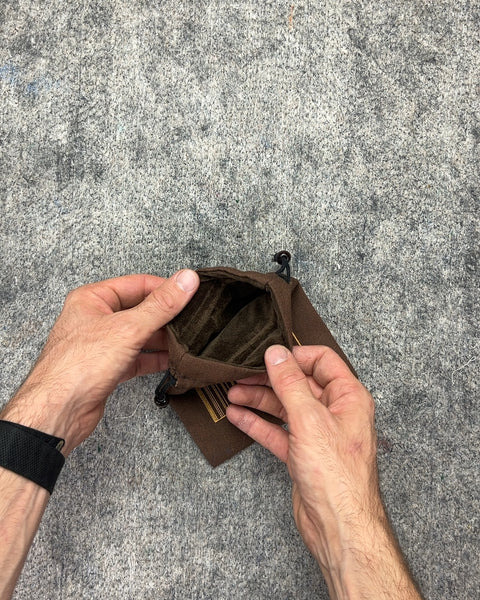 Brown Drawstring Pouch with Gold Building Graphic