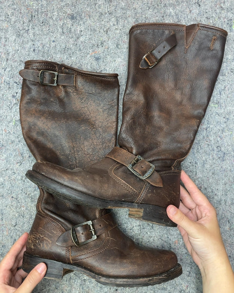 Frye Brown Leather Buckle Boots, Sz US 7.5W, EU 37.5