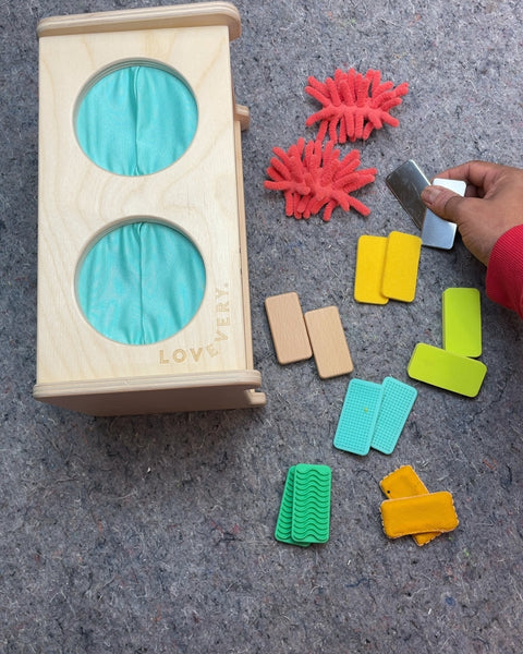 Lovevery Wooden Sensory Bin with Assorted Blocks