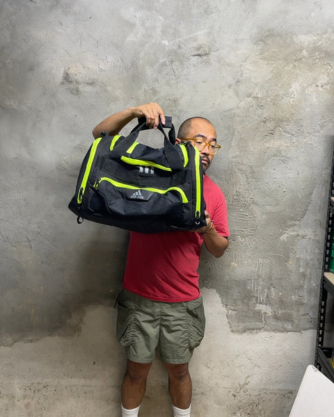 Adidas Black and Neon Green Duffle Bag