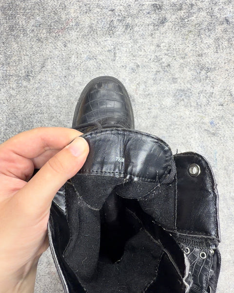 Black Croc Embossed Combat Boots, Size 7.5M