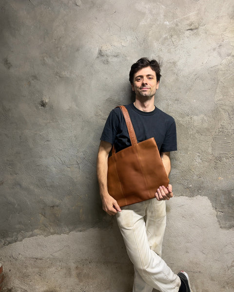 Cognac Brown Leather Shoulder Tote Bag