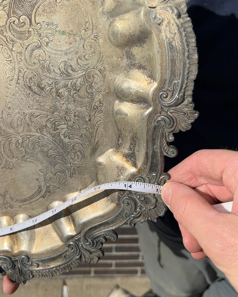 Vintage Silver Ornate Metal Serving Tray, 15"