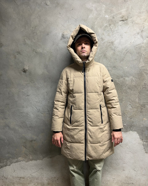 Calvin Klein Hooded Puffer Coat in Beige, Size M