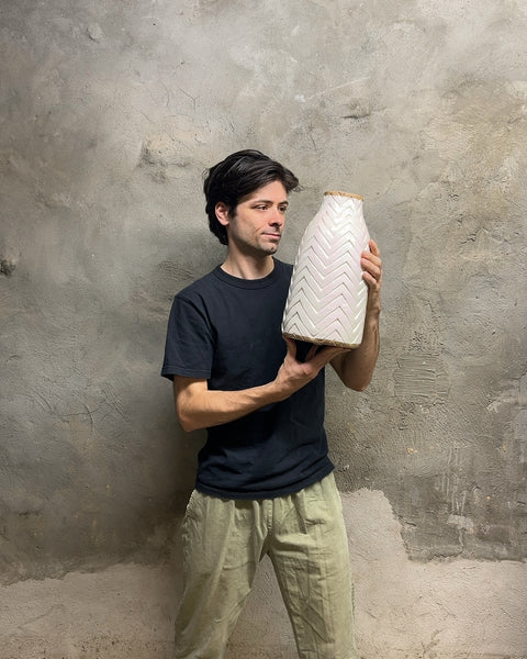Giant White Chevron Pattern Ceramic Vase, H14"