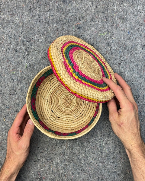 Woven Straw Basket with Lid, W8"