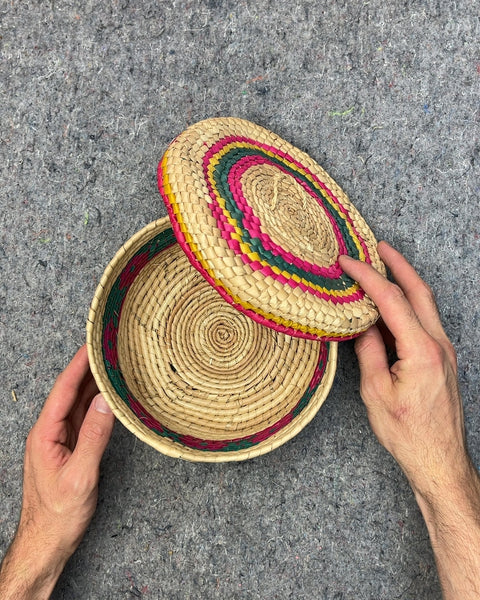 Woven Straw Basket with Lid, W8"