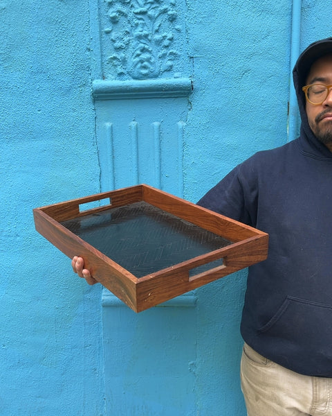 Wood and Leather Serving Tray, 14x20"