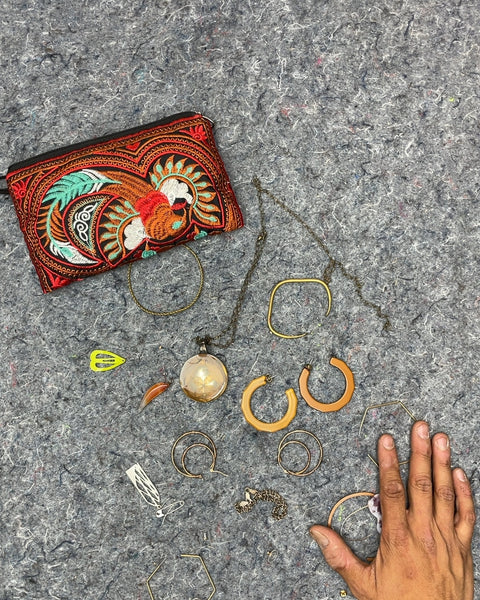 Embroidered Peacock Pouch with Assorted Jewelry