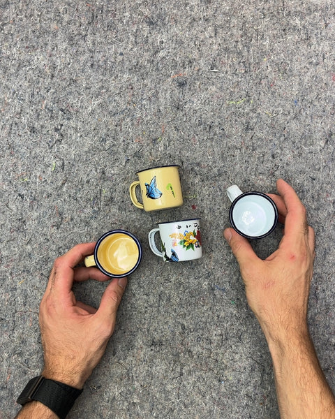 Cute Miniature Enamel Mugs with Faded Butterfly and Floral Designs
