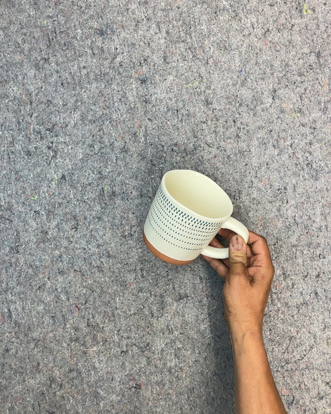 White Ceramic Mug with Blue Dotted Pattern