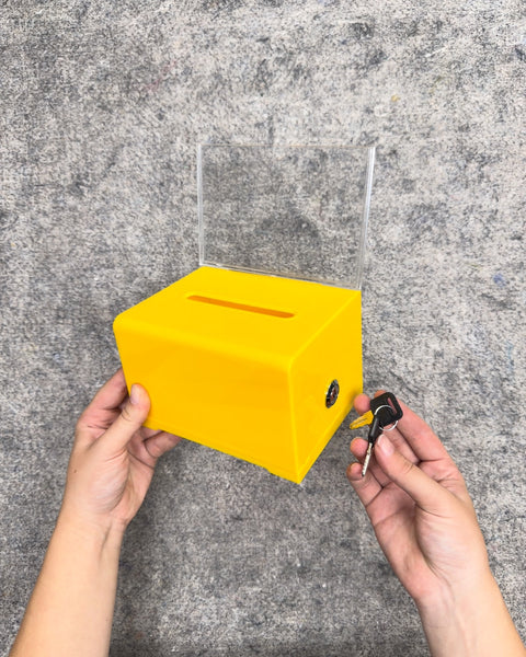 Yellow Acrylic Donation or Suggestion Box with Lock and Sign Holder