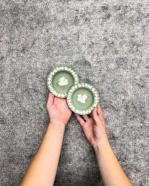 Wedgwood Sage Green Jasperware Miniature Pin Dishes, Set of 2