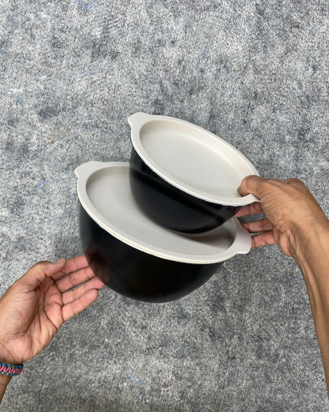 Vintage Enamel Mixing Bowls with Lids, Set of 2