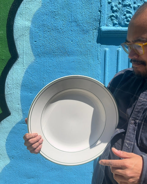 Pottery Barn White Serving Plate with Green Rim