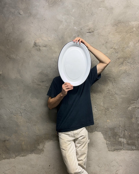 White Enamel Oval Serving Platter, L17"