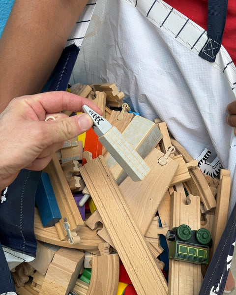 A Whole Bag Of Wooden Trains, Tracks and Accessories Includes NYC Subway Cars & Buildings...