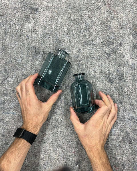 Two Dark Green Glass Diffuser Bottles
