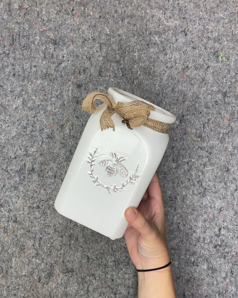 White Ceramic Bee Canister with Burlap Bow