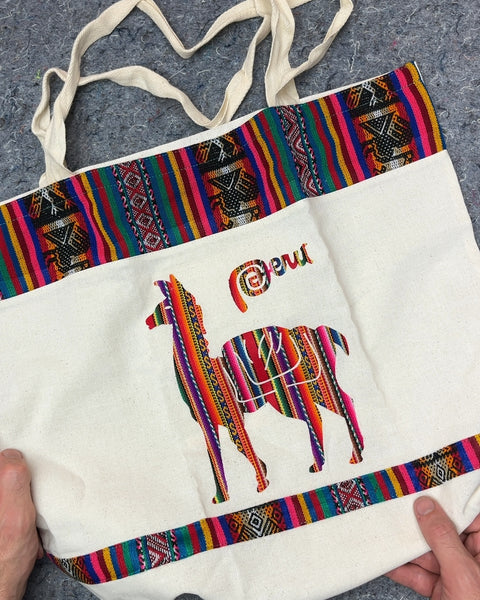 Peru Llama Embroidered Canvas Tote Bag