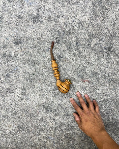 Vintage Hand-Carved Wooden Smoking Pipe with Hinged Metal Wind Cover